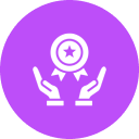 Two hands holding a star award icon inside a purple circle.