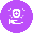 Hand holding a shield with a medical cross icon on purple background.